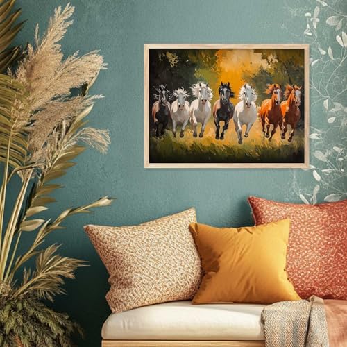 Image of HOTHOUSE Seven Running Vastu Lucky Horse Painting | 7 Horses Vastu Frame Wall Art Painting for Living Room Bedroom Office Home Decor Wall Decor Size (10X13 inch)