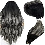 Silver Sew in Hair Extensions 14 Inch 80Gram Weft Hair Extensions Balayage Human Hair Extensions Hair Wefts Color #1B/Silver/1B Off Black Mixed with Silver Remy Straight Hair Weave Bundles Real Hair