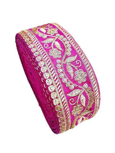 Image of Embroidery Gold Work with Sequence Design Lace Border Falls for Saree, Kurti, Dresses, Bandhani, Lehenga, Decorative Ribbon (6.5 cm Width) (6 Meter, Pink)