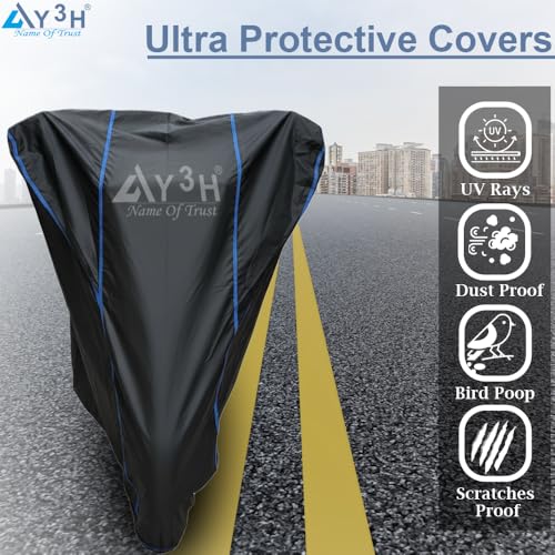 Image of Bike Body Cover TVS Apache Full Body Cover with Waterproof, Dust Proof, UV Rays Protective, Tripple Stitching & Lightweight Two Wheeler Covers - Black with Waterproof Blue Piping