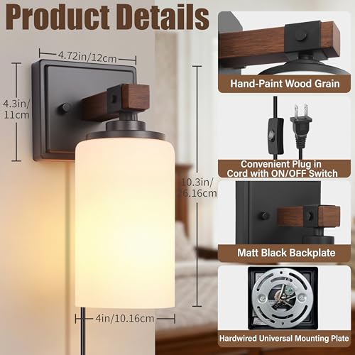 Image of Plug in Wall Sconces Set of 2, Rustic Wall Light with On /Off Switch, 2-in-1 | Plug Farmhouse Wall Lamps with White Glass Shade for Bedroom Living Room Hallway, Faux Brown Wood Grain, E26(Bulb Not Includ)