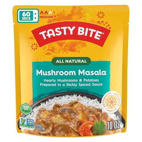 Tasty Bite Indian Entree Mushroom Masala 10 Ounce, Fully Cooked Indian Entrée with Mushrooms & Potatoes in a Richly Spiced Sauce, Vegan, Gluten Free, Microwaveable, Ready to Eat