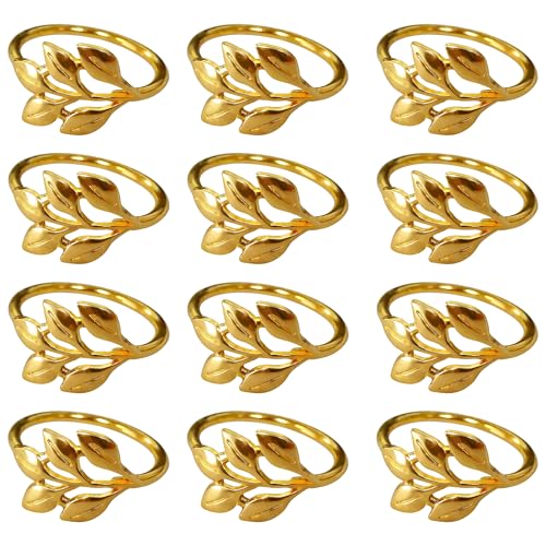 12 servilleteros dorados elegantes con forma de hoja para servilletas, para decoración de mesa, anillos de naftalina de metal para boda, Navidad, aniversario y cena