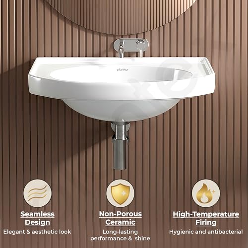 Image of Plantex Ceramic Wallmount Basin for Bathroom /Wall Hung Wash Basin with 10 Years Glaze Warranty by Plantex /Small Basin /Sink for Bathroom (White - 18 X 12 X 8 Inch)