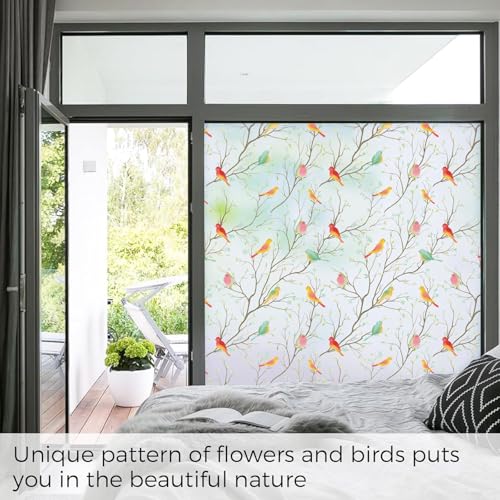 Image of WOO Home Frosted Glass Window Film & Stickers (24 X 60 INCH) Privacy Window Cover for Home & Office - Easy Apply, UV Protection, Removable Decorative Film (Multi Colour Bird Film | 2 X 5 SQFT)