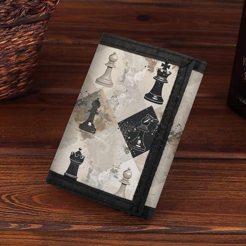Chess Piece Brown Pattern Trifold Wallet for Men - Slim 8 Card Slots, Zipper Coin Purse Money Clip, Cash Compartment 7
