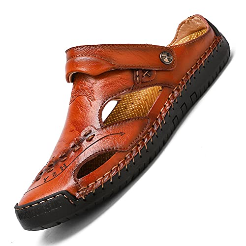 Wygwlg Summer Men's Sandals Breathable Beach Sandals, Genuine Leather Soft Breathable Shoes,Red brown-46