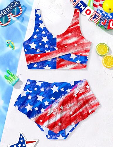 Image of Qaoerde Girls Swimsuit Tropical Print Bikini Set with Ruffle Hem Two Piece Criss Cross Bathing Suits for Girls 7-16 Years