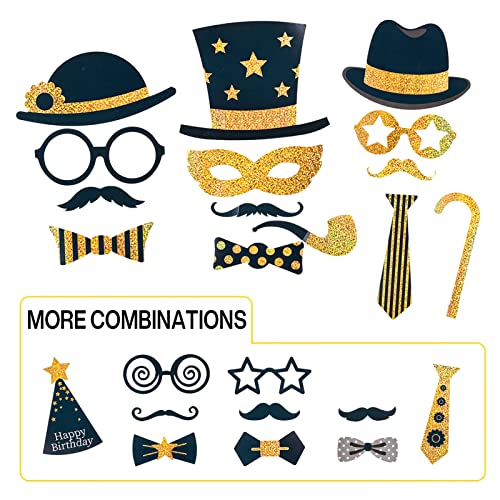 Partywoo Photo Booth Props Birthday, 40 Pcs Glitter Photo Booth Backdrops With Large Hats Glasses Mustaches, Black And Gold Party Favors Signs For Selfie Photobooth 30Th 40Th 50Th 90Th Birthday Men #TOP3
