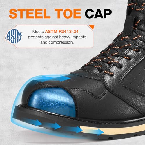 Image of NINGO Steel Toe Boots for Men, Comfortable Water & Slip Resistant Mens Work Boots with Side Zipper, Electrical Hazard Protection Heavy Duty Safety Shoes for Industrial Construction Outdoor Warehouse