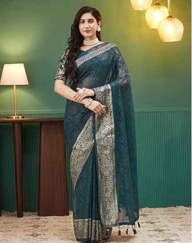 Image of SIRIL Women's Georgette Foil Printed Saree with Unstitched Blouse Piece