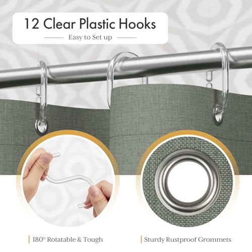 Image of AmazerBath Boho Shower Curtains for Bathroom, Farmhouse Shower Curtain with Tassels, Sage Green Shower Curtain Set, Faux Linen Fabric Shower Curtain with 12 Hooks, Hotel Quality, 72x72 Inches
