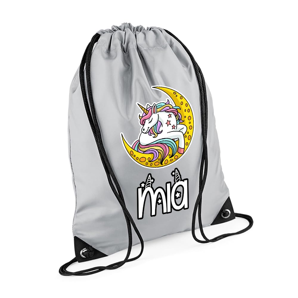 Unicorn Bag Gift For Girl, Personalised Backpack, Back To School Gift, Drawstring Bag, PE Gym Kit, Swimming, Sport Rucksack. (Light Grey)