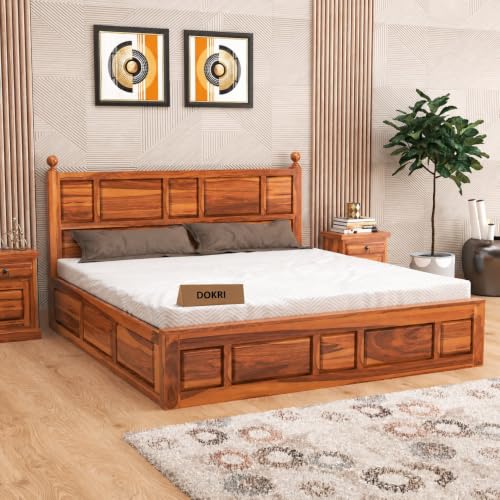 Image of Furniture Sheesham Wood King Size Bed with Storage Box | Wooden Box Bed King Size Double Cot Bed with Storage for Bedroom | Premium Lattu Design Headboard Bed for Living Room | Honey Finish