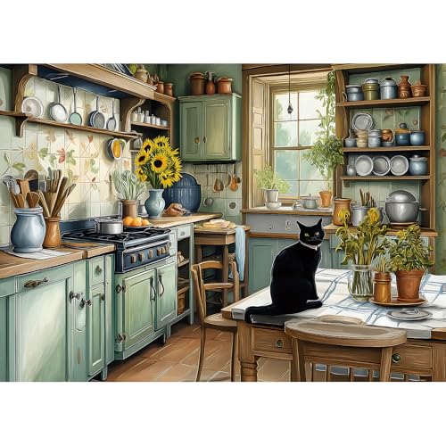 Vintage Country Kitchen Jigsaw Puzzle 1000 Pieces for Adults Cozy Farmhouse Scene Cat Sunflowers Rustic Decor Challenging Puzzle Games Fun Family Activity （27.6' x 19.7'）