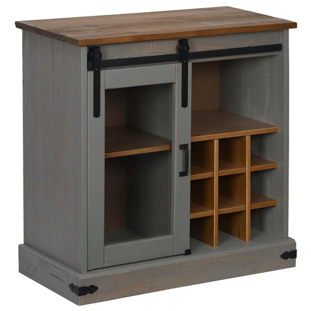 Credenza Halden in legno massello di pino grigio, 80 x 40 x 80 cm | Mobiletto compatto con anta scorrevole e 9 ripiani per vino in legno massello di pino per corridoio, cucina e soggiorno.