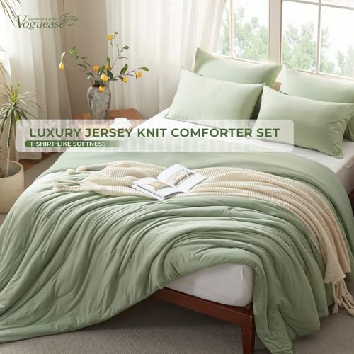 Image of Full Size Comforter Set, Comforters Full Size Luxury Ultra-Soft Jersey Knit Bedding Sets, Sage Green Lightweight Down Alternative Bed Comforter for All Season, 3 Piece Bedding Set