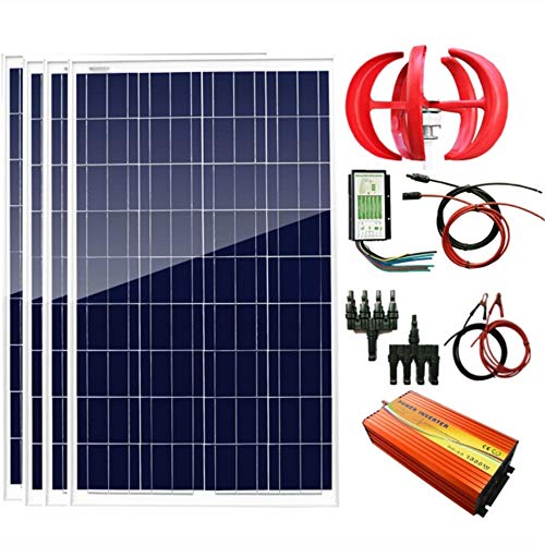 AUECOOR 700W 12V Wind Solar Power: 1pcs 12V/24V 300W Wind Turbine Generator+4pcs 100W Poly Solar Panel+Hybrid Controller+1500W Power Inverter(Peak 3000W) +Accessories for Home Use