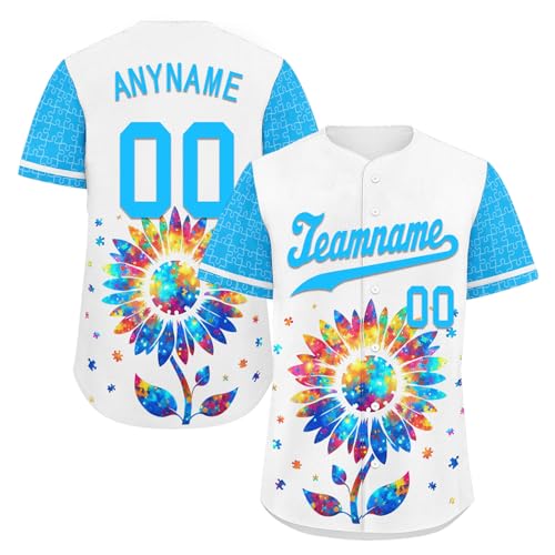 Onegam Custom Autism Awareness Baseball Jersey for Adult Youth, Puzzle Pieces Design Button-Up Softball Team Shirts White Blue