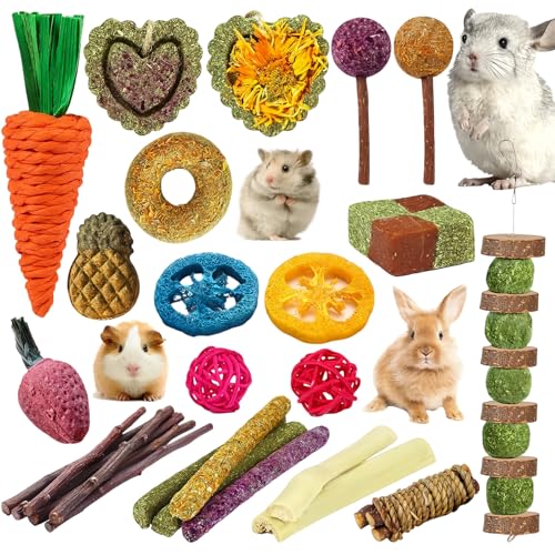 Natural Rabbit Chew Toys Boredom Breakers, 27-Pack Rabbit Toys Set, Hamster/Guinea Pig Toys Natural Timothy Hay Sticks Treats Balls and Apple Wood Sticks for Chinchilla & Small Animals Teething