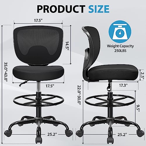 Primy Office Drafting Chair, Ergonomic Tall Desk Chair with Adjustable Height and Footrest Ring, Armless Mid-Back Standing Computer Chair Executive Rolling Breathable Mesh Chair fo image 4
