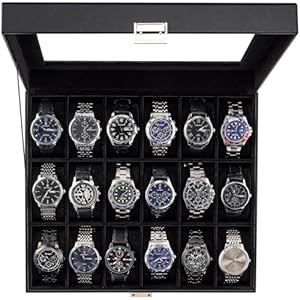 ProCase Watch Box Organizer, 18 Slot Watch Display Case With Glass Lid, Watch Storage Holder Mens Watch Case, Anniversary Birthday Valentine Gifts for Men Women -18 Slot, Allblack 18-Slot Al