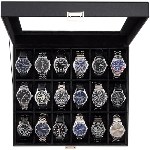 ProCase Watch Box Organizer, 18 Slot Watch Display Case With Glass Lid, Watch Storage Holder Mens Watch Case, Anniversary Birthday Valentine Gifts for Men Women -18 Slot, Allblack 18-Slot Al