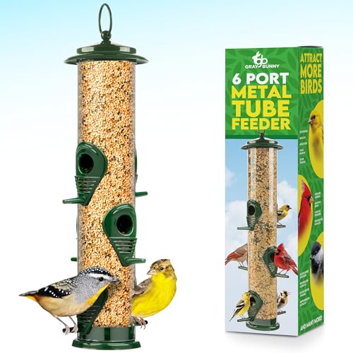 Bird Feeders for Outdoors (Green) Squirrel Proof Hanging Bird Feeder with Locking Lid & Adjustable Hanger, Chew-Proof, Weather Resistant 15 Inches 6 Port