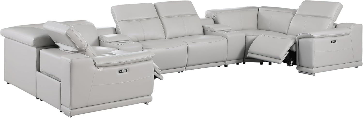 Blackjack Furniture Venice 8-Piece Top Grain Italian Leather Sectional Reclining Sofa Set with 2 Power Recliners, Adjustable Headrests, USB and Wireless Phone Charger, Light Grey