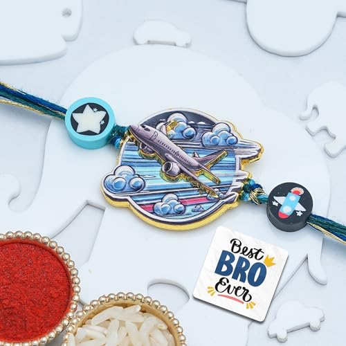 Image of eCraftIndia Aeroplane Design Rakhi for Kids Girls Boys with Best Bro Ever Fridge Magnet | Raksha Bandhan Fridge Magnet Kids Rakhi for Brother Bhaiya Bhai | Roli Chawal Pack