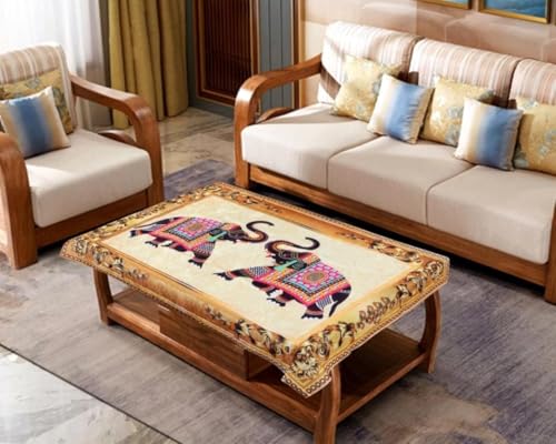 Image of velvet Decorative Rectangular Table Cover with Traditional Elephant Design, Living Room Centre Table Cloth, Beige and Multicolour