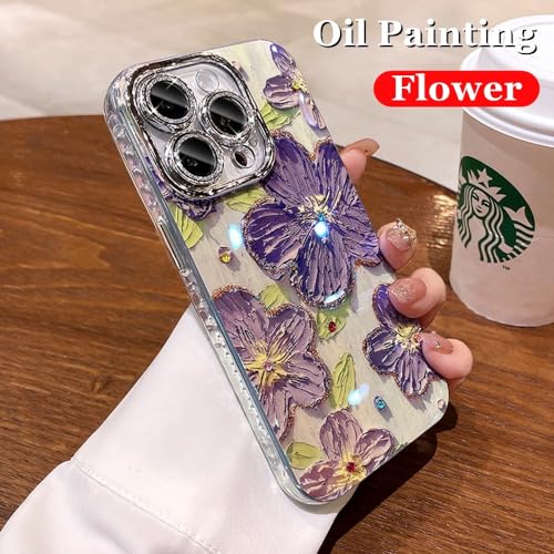 Image of Elzzi Compatible with iPhone 16 Pro Case Oil Painting Flower Colorful with Len Prtotection Shockproof PC+TPU Glossy Back Cover for Girls Women,Purple