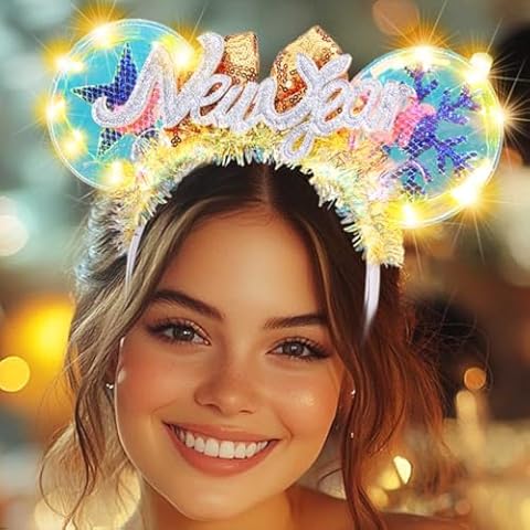 Yean New Year Light Up Headband Mouse Ears Headbands Bow Kot Hair Decoration for Women (Gold-Warm Light, One size) Cover