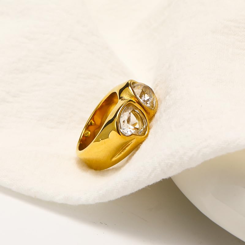 Unisex Stainless Steel Personality Simple Chunky 2 Colored Heart Shaped Gemstone Ring Punk Peach Heart Wedding Band3