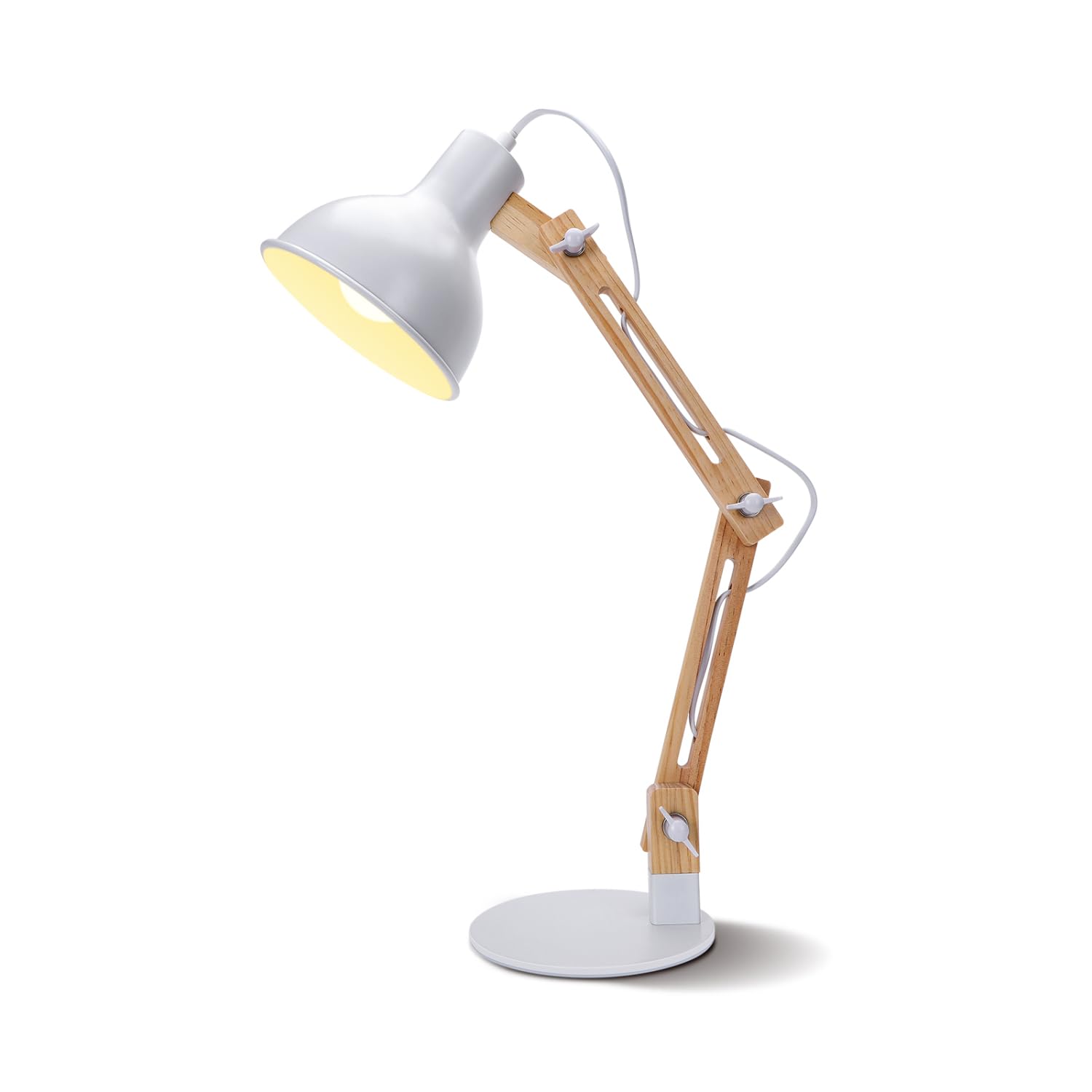 Aigostar Lámpara de Escritorio Retro con Brazo Articulado Giratorio, Flexo Escritorio Vintage E27, Lámpara de Mesa Ajustable de Madera para Oficina, Sala, Estudio y Dormitorio - Blanco