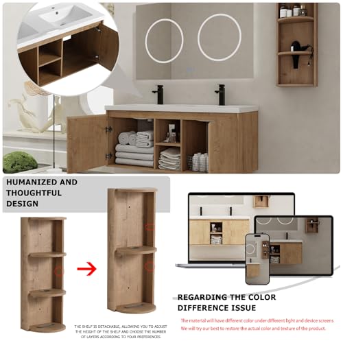 Image of Floating Bathroom Vanity, 48 inch Bathroom Storage Cabinet with Double Resin Sinks, 2 Soft-Close Doors & 2 Open Storage Shelves, Wall-Mounted Vanity with Extra Three-Layer Spacious Shelves, Oak