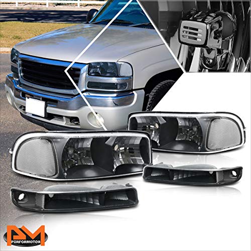 [4Pcs-Set] Bumper Lamps+Headlight Assembly Compatible with Sierra Yukon XL 99-07,Black Housing Clear Corner