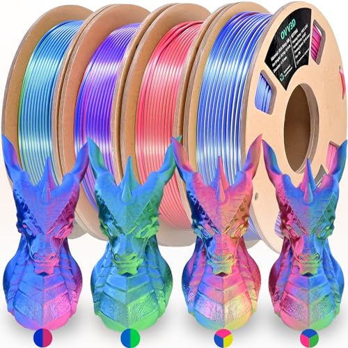Image of OVV3D 3D Printer Filament Bundle, PLA Filament 1.75mm+ /- 0.02mm, 4 Pack of Dual Color & Tri Color PLA Filament Coextrusion Silk PLA, Rainbow PLA Filament 3D Printing Filament, 4 Spool X 200g