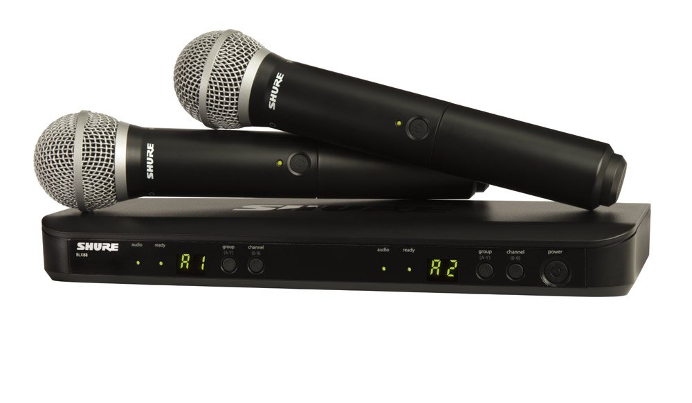 Shure BLX288/PG58 UHF Wireless Microphone System - Perfect for Church, Karaoke, Vocals - 14-Hour Battery Life, 300 ft Range | Includes (2) PG58 Handheld Vocal Mics, Dual Channel Receiver | J10 Band