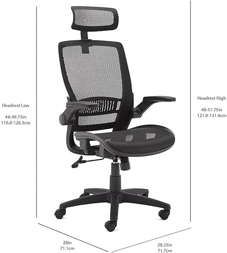 Miniatura 3 de Amazon Basics Silla ergonómica de escritorio con respaldo alto, cómodos reposabrazos abatibles, asiento de malla contorneada, giratorio, negro, 25.5