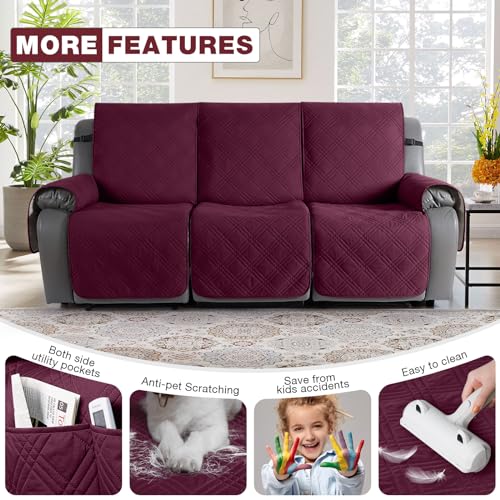 Image of TAOCOCO 100% Waterproof Recliner Sofa Cover, Non Slip Split Couch Covers for Reclining Couches with Elastic Straps (3 Seater, Wine)