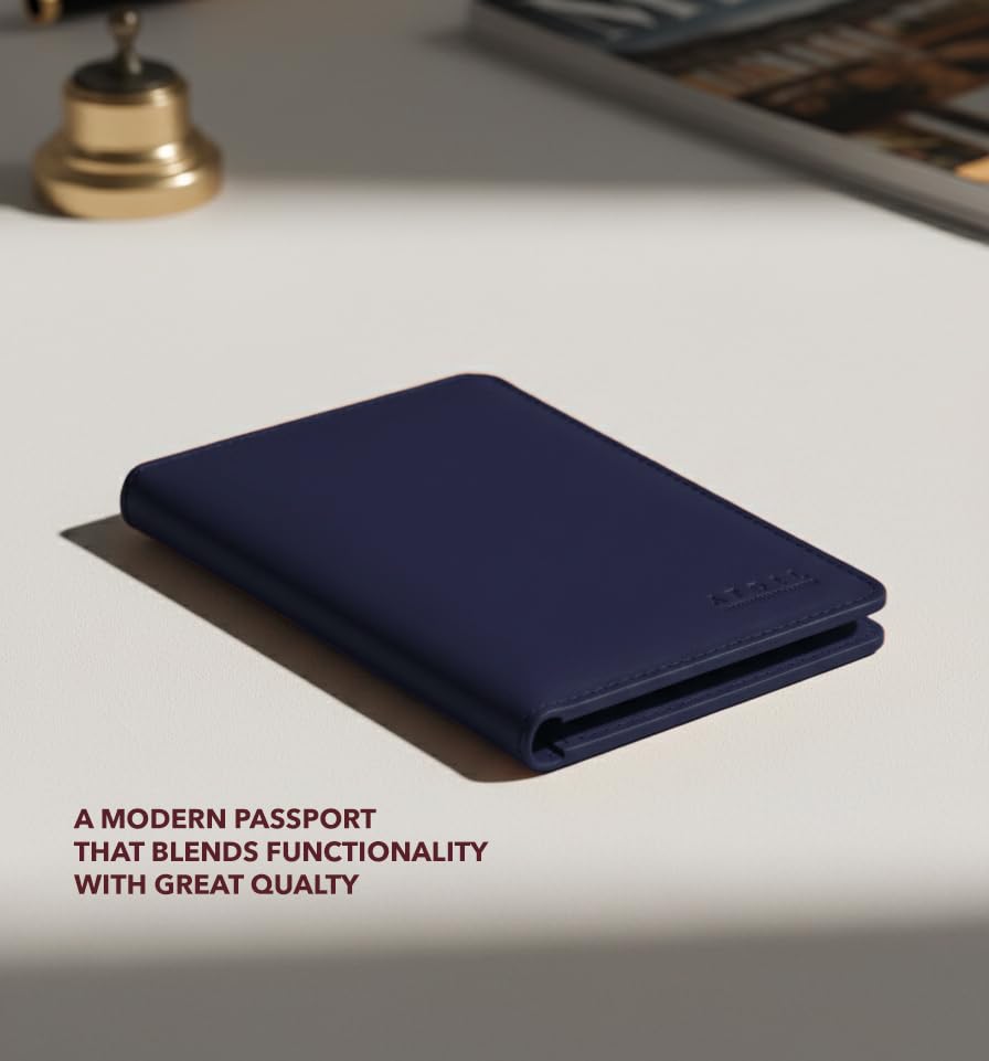 Image of Atoll Unisex Genuine Leather Passport Holder & Travel Wallets & Document Organizer | Premium & Durable Passport Cover with Sim Ejector & Sim Slots, Navy