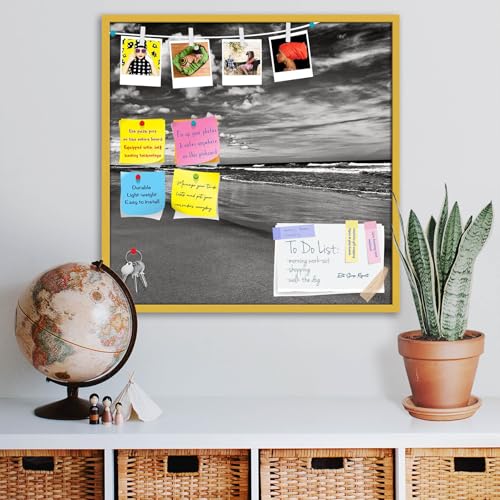Image of ArtzFolio Sea, Air, & Land Monochrome Contrast | Bulletin Board Notice Pin Board | Vision Soft Board Combo with Thumb Push Pins & Sticky Notes | Golden Frame | 20 x 20 inch (51 x 51 cms)