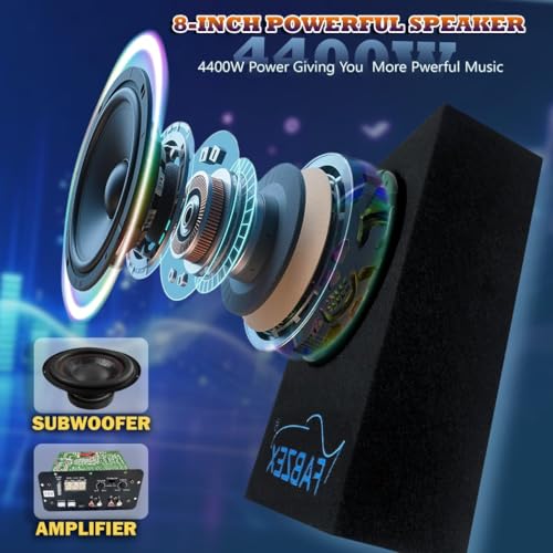 Image of 8 inch Car Active Under-Seat Car Subwoofer, 200W RMS Powered Bass Tube with Built-in Amplifier, Compact Slim Design - Black with Blue Logo