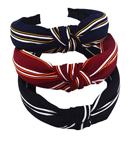 STHUAHE Pack of 3 Women/Girls/Ladies Beautiful Handmade Wide Stripes Cloth Cross Knot Hair Hoop Hairband Headband Hair Accessories (3 Color)