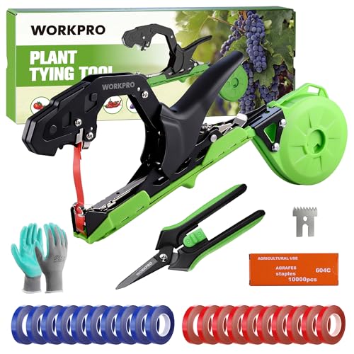WORKPRO Plant Tying Machine with 6 Scissors Lightweight Tape Gun for Tying Vines and Support Plant Includes Gloves 20 Rolls of Tape 10000 Staples Ideal for Tomatoes Grapes Cucumber Vegetables