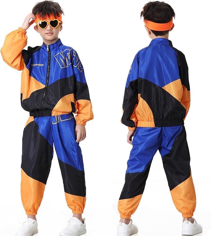 Miniatura 2 de Traje de los años 80 para niños, retro de los años 90, chándal para niños y niñas, ropa de baile hip hop, chaqueta de retazos unisex, pantalones
