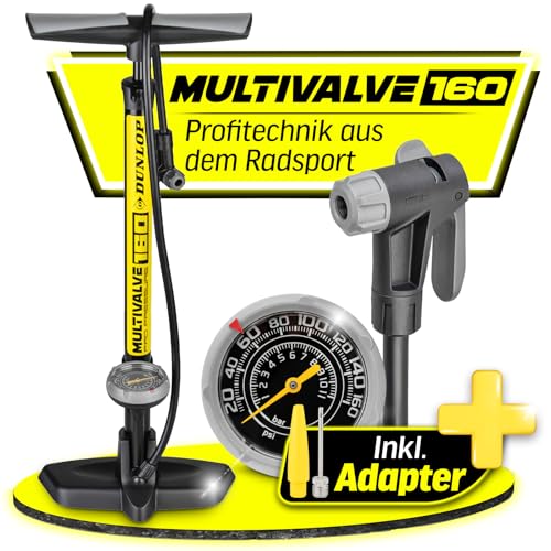 Dunlop Fahrradpumpe Luftpumpe Fahrrad alle Ventile -Premium Standpumpe Fahrrad aus Aluminium bis 11 bar für Schrader, Presto und französisches Ventil - Bike Pump mit Manometer und 2in1 Adapter Pumpe