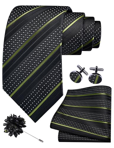 Image of GUSLESON 3.15 inch（8cm） Mens Stripe Tie and Lapel Pin Necktie Hankerchief Cufflinks Set for Men