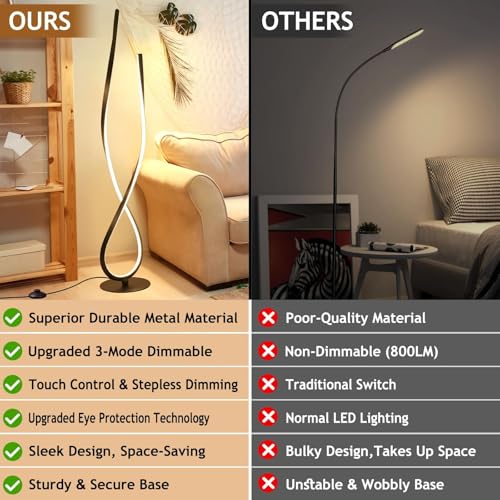 Image of Stylish Spiral Floor Lamp, Dual-Tone Black Body with 3 LED Colors (Warm /Natural /Cool), Contemporary Standing Light for Living Room, Bedroom, or Office Decor